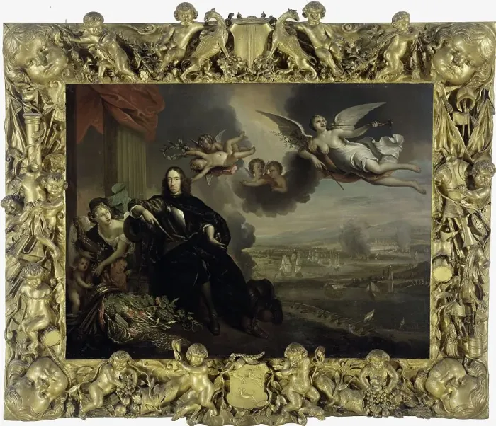 Framed Print : The Apotheosis of Cornelis de Witt, with the Dutch Raid on the Medway in the background, 1667-1700. Creator: Anon Framed Print : The Apotheosis of Cornelis de Witt, with the Dutch Raid on the Medway in the background, 1667-1700. Creator: Anon
