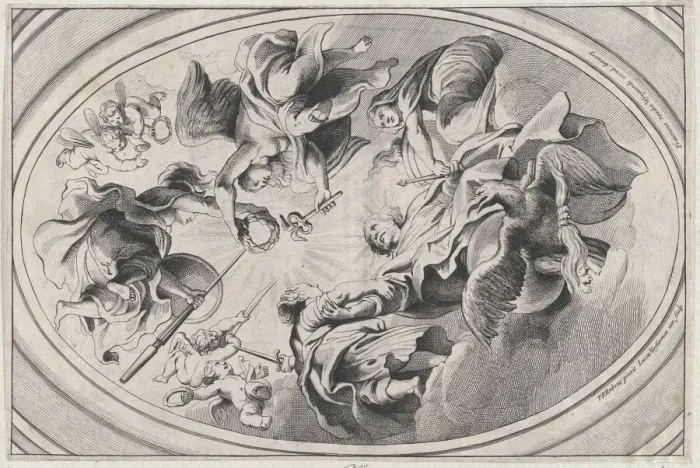 Framed Print : Apotheosis of James I, with the king seated at the bottom, an eagle below him, two... ca. 1639-66. Creator: Lucas Vorsterman II Framed Print : Apotheosis of James I, with the king seated at the bottom, an eagle below him, two... ca. 1639-66. Creator: Lucas Vorsterman II