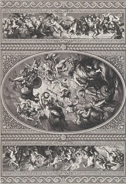 The apotheosis of James I in an oval at center, friezes with putti