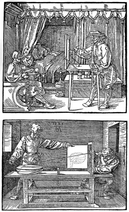 Framed Print : Apparatus for translating three-dimensional objects into two-dimensional drawings, 1525, (1936). Artist: Albrecht Durer Framed Print : Apparatus for translating three-dimensional objects into two-dimensional drawings, 1525, (1936). Artist: Albrecht Durer