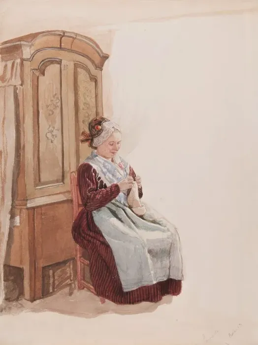 Framed Print : Apparel - Handicraft woman in full figure sitting in front of a cupboard. (c1900s). Creator: AJG Virgin Framed Print : Apparel - Handicraft woman in full figure sitting in front of a cupboard. (c1900s). Creator: AJG Virgin