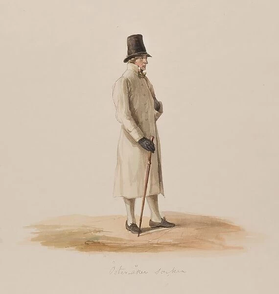 Apparel - Man in white coat with cane, 1840-1868. 'Farmer from Österåkers sn, Oppunda hd, Söde... Creator: Josef Magnus Shore. Apparel - Man in white coat with cane, 1840-1868