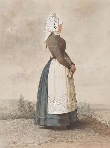 Apparel - woman standing in full figure with white apron, 1810-1857. Creator: Otto Wallgren