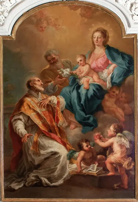 Framed Print : The Apparition of the Holy Family to Saint Philip Neri, Mid of the 18th cen.. Creator: Bonito, Giuseppe (1707-1789) Framed Print : The Apparition of the Holy Family to Saint Philip Neri, Mid of the 18th cen.. Creator: Bonito, Giuseppe (1707-1789)
