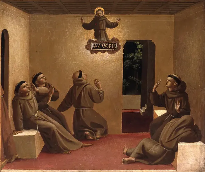 Framed Print : Apparition of Saint Francis at Arles (Scenes from the life of Saint Francis of Assisi), ca 1429. Artist: Angelico, Fra Giovanni, da Fiesole (ca. 1400-1455) Framed Print : Apparition of Saint Francis at Arles (Scenes from the life of Saint Francis of Assisi), ca 1429. Artist: Angelico, Fra Giovanni, da Fiesole (ca. 1400-1455)