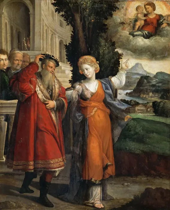 Framed Print : The appearance of the Virgin to Augustus and Sibyl, c. 1544. Creator: Garofalo, Benvenuto Tisi da (1481-1559) Framed Print : The appearance of the Virgin to Augustus and Sibyl, c. 1544. Creator: Garofalo, Benvenuto Tisi da (1481-1559)