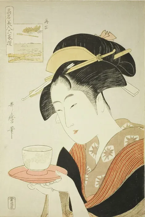 Framed Print : Appearing Again: Naniwaya Okita, from the series Renowned Beauties Likened to the Six... c1795 / 96. Creator: Kitagawa Utamaro. Appearing Again: Naniwaya Okita, from the series Renowned Beauties Likened to the Six... c1795 / 96 Framed Print : Appearing Again: Naniwaya Okita, from the series Renowned Beauties Likened to the Six... c1795 / 96. Creator: Kitagawa Utamaro. Appearing Again: Naniwaya Okita, from the series Renowned Beauties Likened to the Six... c1795 / 96