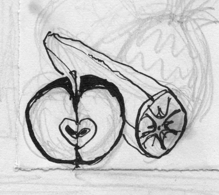 Framed Print : Apple and banana, c1950. Creator: Shirley Markham Framed Print : Apple and banana, c1950. Creator: Shirley Markham