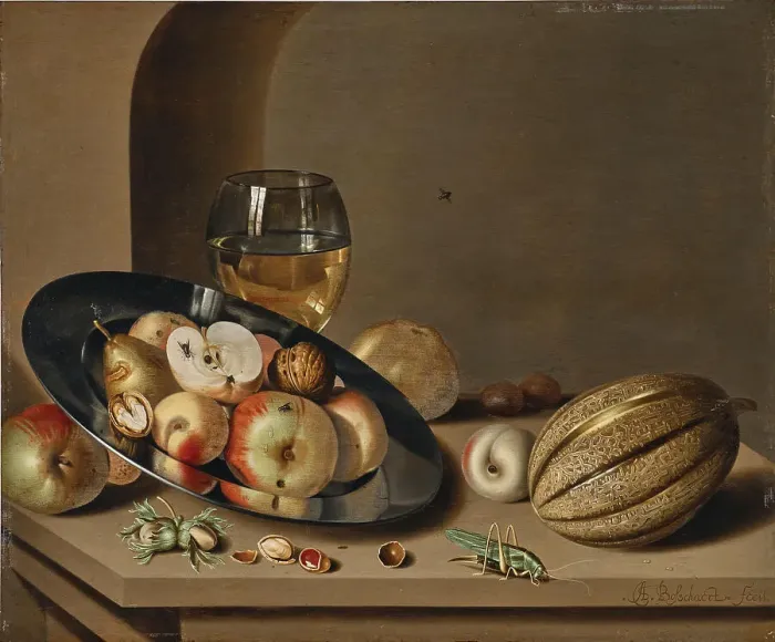 Framed Print : Apples, pears, peaches and walnuts on a pewter plate, First Half of 17th cen.. Creator: Bosschaert; Ambrosius; the Younger (1609-1645) Framed Print : Apples, pears, peaches and walnuts on a pewter plate, First Half of 17th cen.. Creator: Bosschaert; Ambrosius; the Younger (1609-1645)