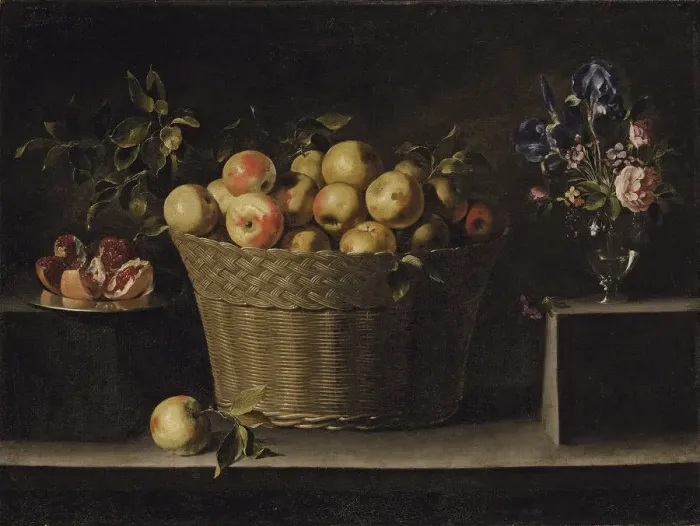 Framed Print : Apples in a wicker basket, an pomegranate on a silver plate and flowers in a glass vase. Artist: Zurbaran, Juan de (1620-1649) Framed Print : Apples in a wicker basket, an pomegranate on a silver plate and flowers in a glass vase. Artist: Zurbaran, Juan de (1620-1649)