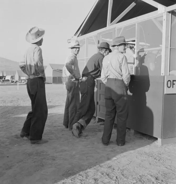 Framed Print : Applicants at registration tent on opening day... FSA camp, Merrill, Klamath County, Oregon, 1939. Creator: Dorothea Lange Framed Print : Applicants at registration tent on opening day... FSA camp, Merrill, Klamath County, Oregon, 1939. Creator: Dorothea Lange