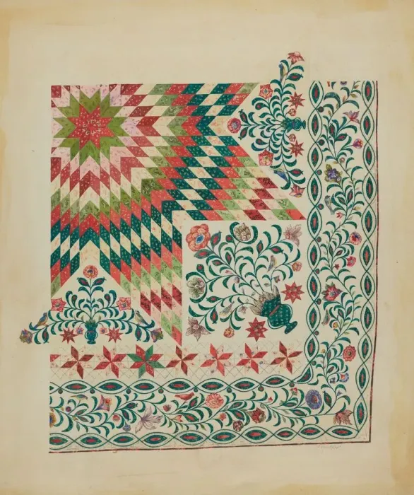 Framed Print : Applique and Patchwork Quilt, c. 1936. Creator: John Oster Framed Print : Applique and Patchwork Quilt, c. 1936. Creator: John Oster