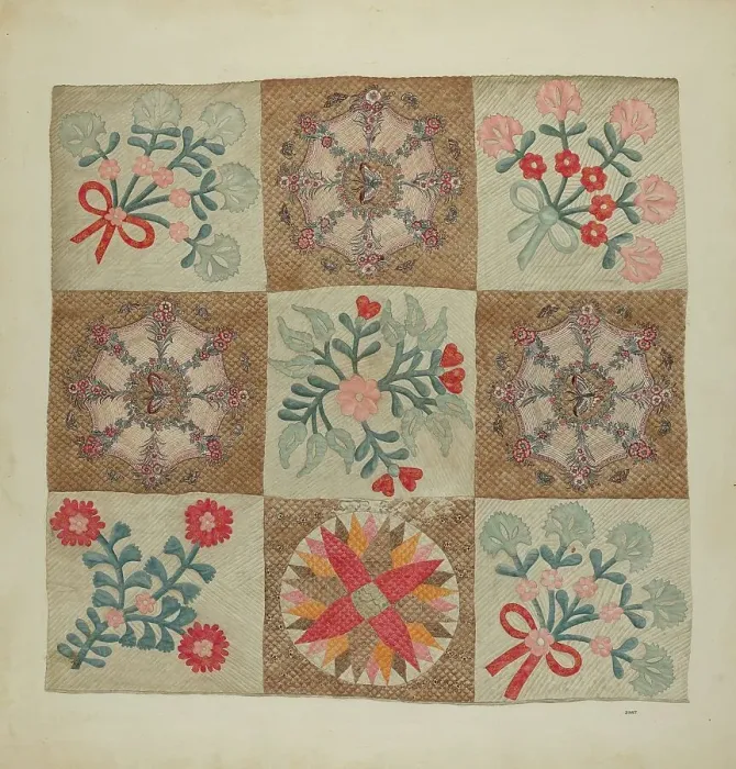 Framed Print : Applique and Patchwork Quilt, c. 1939. Creator: A. Zimet Framed Print : Applique and Patchwork Quilt, c. 1939. Creator: A. Zimet