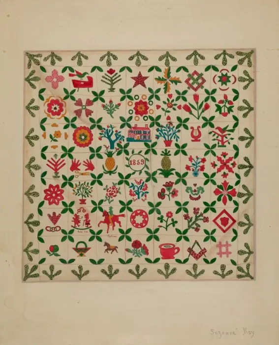 Framed Print : Applique Quilt, 1938. Creator: Suzanne Roy Framed Print : Applique Quilt, 1938. Creator: Suzanne Roy
