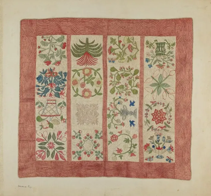 Framed Print : Appliqued Bedspread, c. 1938. Creator: Suzanne Roy Framed Print : Appliqued Bedspread, c. 1938. Creator: Suzanne Roy