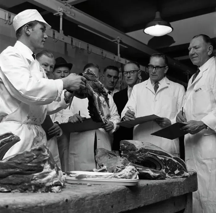 Framed Print : Apprentice butcher showing his work to competition judges, Barnsley, South Yorkshire, 1963 Framed Print : Apprentice butcher showing his work to competition judges, Barnsley, South Yorkshire, 1963