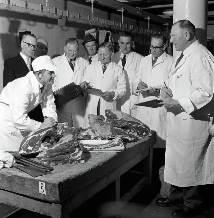 Framed Print : Apprentice butcher showing his work to competition judges, Barnsley, South Yorkshire, 1963 Framed Print : Apprentice butcher showing his work to competition judges, Barnsley, South Yorkshire, 1963
