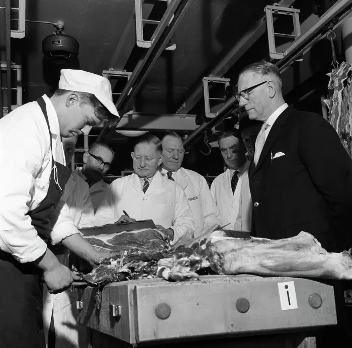 Framed Print : Apprentice butcher showing his work to competition judges, Barnsley, South Yorkshire, 1963 Framed Print : Apprentice butcher showing his work to competition judges, Barnsley, South Yorkshire, 1963