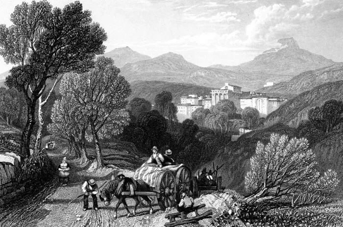 Framed Print : The approach to Royat, France, 1838. Artist: JC Varrall Framed Print : The approach to Royat, France, 1838. Artist: JC Varrall