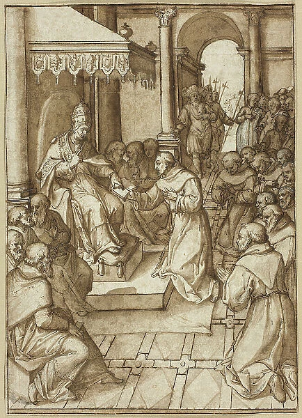 Approval of the Rules of the Franciscan Order by Pope Innocent III in 1209, n.d. Creator: Livio Agresti da Forlì