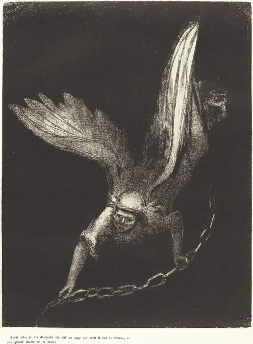 Framed Print : Apres cela je vis descendre du ciel un ange qui avait la clef de l'abime, et une grande... 1899. Creator: Odilon Redon Framed Print : Apres cela je vis descendre du ciel un ange qui avait la clef de l'abime, et une grande... 1899. Creator: Odilon Redon