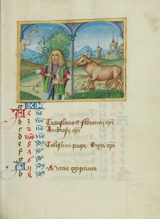 Framed Print : April Calendar Page; Hawking; Taurus; Book of Hours, early 16th century. Creator: Unknown Framed Print : April Calendar Page; Hawking; Taurus; Book of Hours, early 16th century. Creator: Unknown