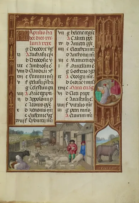 Framed Print : April Calendar Page: Milking and Butter Making: Taurus; Spinola Hours, about 1510-1520. Creator: Workshop of the Master of James IV of Scotland Framed Print : April Calendar Page: Milking and Butter Making: Taurus; Spinola Hours, about 1510-1520. Creator: Workshop of the Master of James IV of Scotland