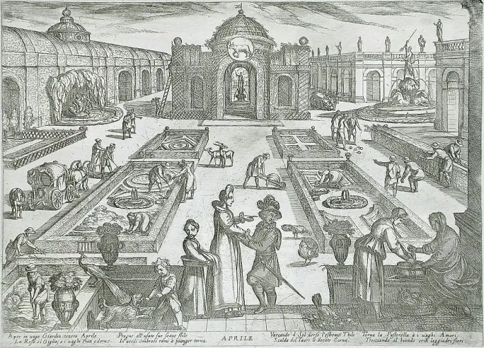 Framed Print : April: A Garden, published 1599. Creator: Antonio Tempesta Framed Print : April: A Garden, published 1599. Creator: Antonio Tempesta