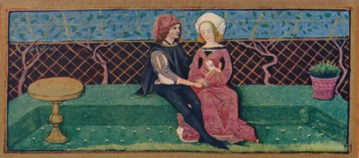 Framed Print : April - lovers in a garden, 15th century, (1939). Creator: Robinet Testard Framed Print : April - lovers in a garden, 15th century, (1939). Creator: Robinet Testard