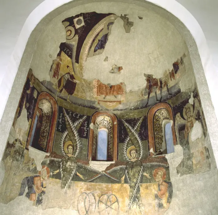 Framed Print : Apse of the church Santa Maria d Aneu, Pallars Sobira, 12th century mural Framed Print : Apse of the church Santa Maria d Aneu, Pallars Sobira, 12th century mural
