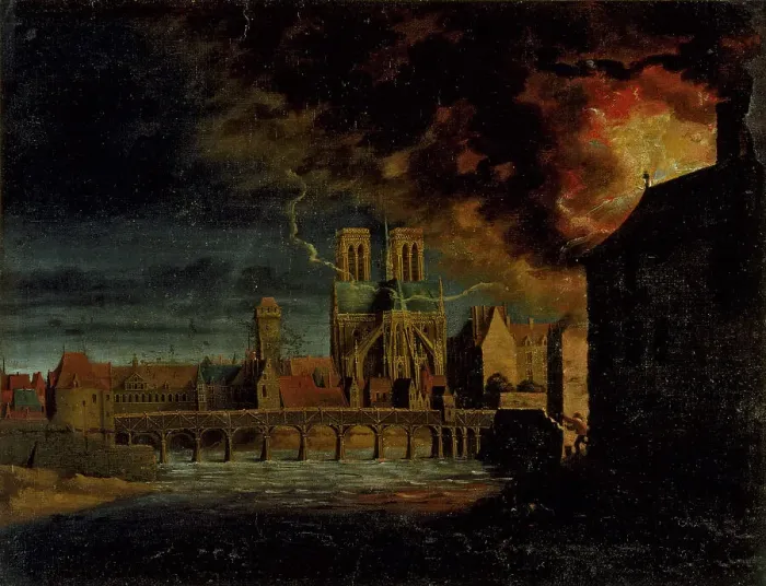 Framed Print : Apse of Notre-Dame, Pont de la Tournelle and ile Saint-Louis, during a fire, c1640. Creator: Unknown Framed Print : Apse of Notre-Dame, Pont de la Tournelle and ile Saint-Louis, during a fire, c1640. Creator: Unknown