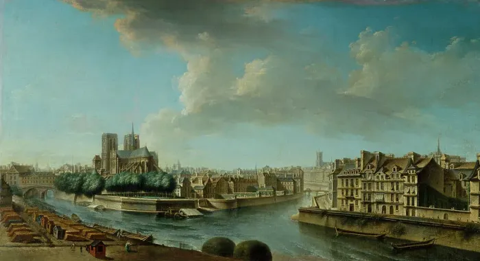 Framed Print : Apse of Notre-Dame and western tip of Ile Saint-Louis, 1769. Creator: Nicolas Raguenet Framed Print : Apse of Notre-Dame and western tip of Ile Saint-Louis, 1769. Creator: Nicolas Raguenet