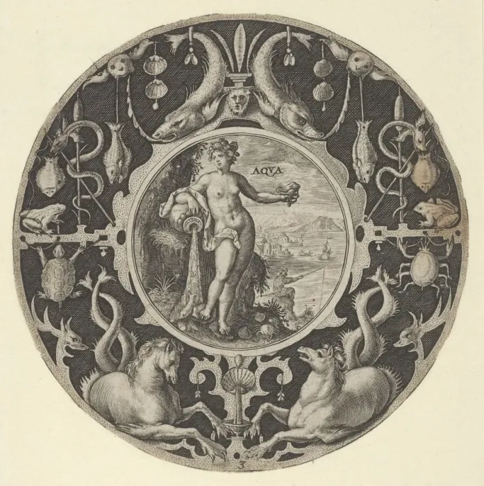 Framed Print : Aqua in a Decorative Border with Sea Creatures, from a Series of Circular Designs w Framed Print : Aqua in a Decorative Border with Sea Creatures, from a Series of Circular Designs w