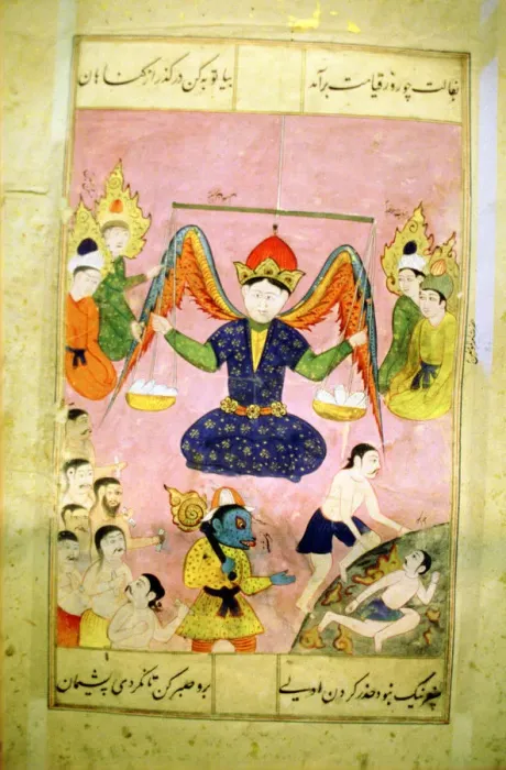 Framed Print : Arab manuscript depicting an angel weighing a soul Framed Print : Arab manuscript depicting an angel weighing a soul
