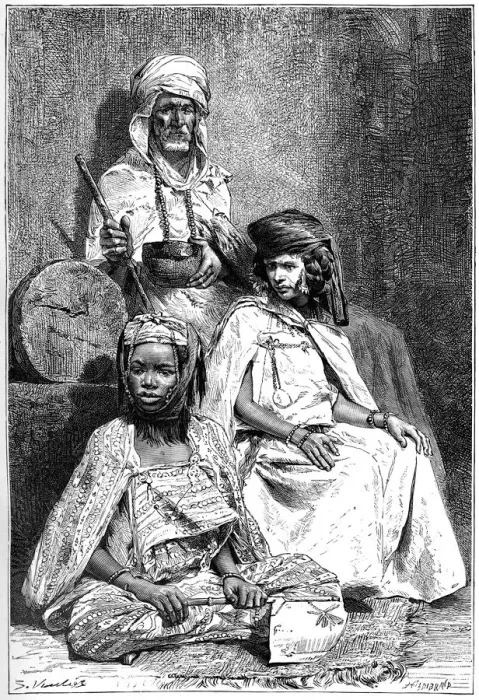 Framed Print : Arab mendicant, Biskra and El-kantra women, c1890. Artist: Hildibrand Framed Print : Arab mendicant, Biskra and El-kantra women, c1890. Artist: Hildibrand