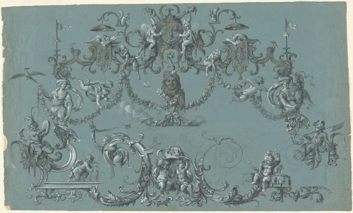 Framed Print : Arabesques with Frolicking Putti, Animals, and Jesters, c. 1750. Creator: Unknown Framed Print : Arabesques with Frolicking Putti, Animals, and Jesters, c. 1750. Creator: Unknown