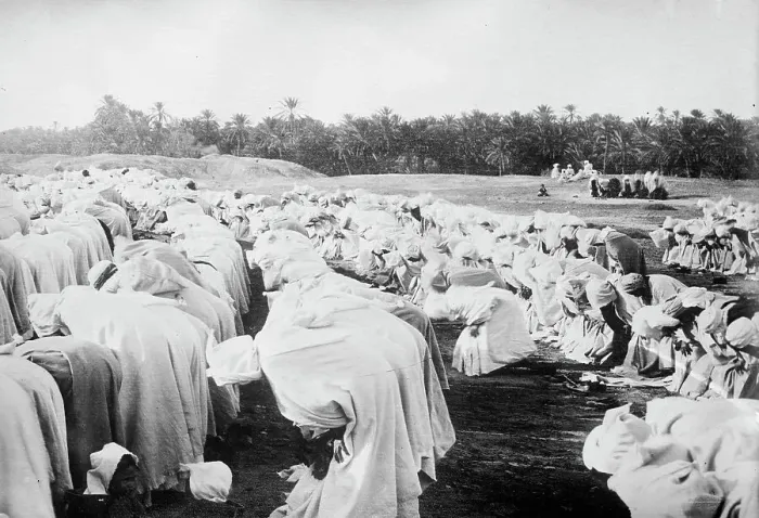Framed Print : Arabs at prayer in desert, between c1910 and c1915. Creator: Bain News Service