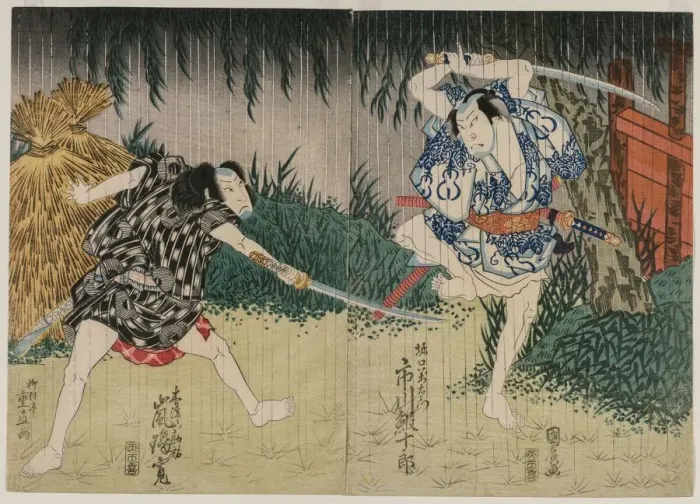 Framed Print : Arashi Rikan II as Kizu Kansuke; Ichikawa Ebijuro II as Horiguchi Manzaemon, 1829 Framed Print : Arashi Rikan II as Kizu Kansuke; Ichikawa Ebijuro II as Horiguchi Manzaemon, 1829