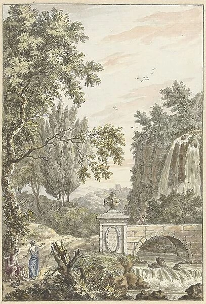 Arcadian forest landscape with a waterfall, a bridge and three young men, 1780. Creator: Dirk Versteegh