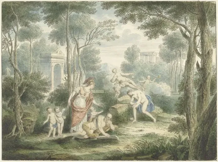 Framed Print : Arcadian landscape with Athena crowning an old man, and Venus and Adonis, 1747. Creator: Louis Fabritius Dubourg Framed Print : Arcadian landscape with Athena crowning an old man, and Venus and Adonis, 1747. Creator: Louis Fabritius Dubourg