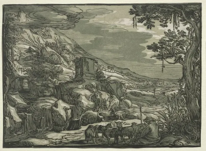 Framed Print : Arcadian Landscape, c. 1615. Creator: Hendrick Goltzius (Dutch, 1558-1617), attributed to Framed Print : Arcadian Landscape, c. 1615. Creator: Hendrick Goltzius (Dutch, 1558-1617), attributed to