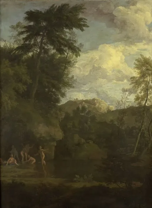Framed Print : Arcadian Landscape with Diana Bathing, 1680-1726. Creator: Johannes Glauber Framed Print : Arcadian Landscape with Diana Bathing, 1680-1726. Creator: Johannes Glauber