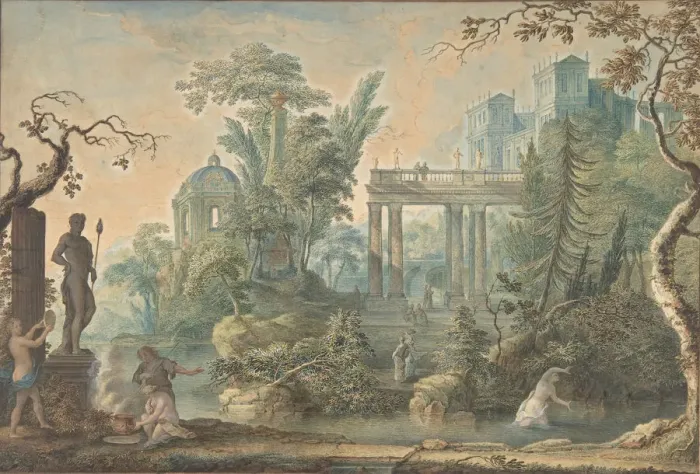 Framed Print : Arcadian Landscape with several Figures and a Statue of Apollo, 18th century Framed Print : Arcadian Landscape with several Figures and a Statue of Apollo, 18th century