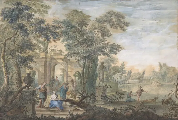 Framed Print : Arcadian Landscape with several Figures and a Statue of Diana, 18th century Framed Print : Arcadian Landscape with several Figures and a Statue of Diana, 18th century