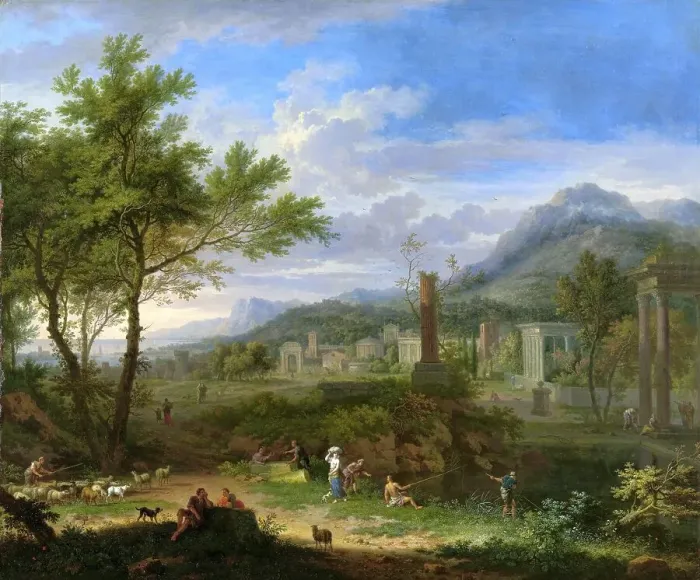 Framed Print : Arcadian Landscape with Fishermen, c.1700-c.1749. Creator: Jan van Huysum Framed Print : Arcadian Landscape with Fishermen, c.1700-c.1749. Creator: Jan van Huysum