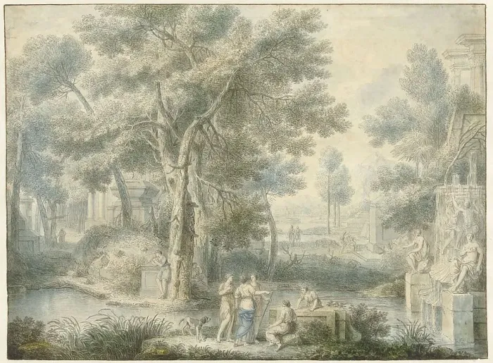 Framed Print : Arcadian landscape, with a fountain on the right, 1743. Creator: Louis Fabritius Dubourg Framed Print : Arcadian landscape, with a fountain on the right, 1743. Creator: Louis Fabritius Dubourg