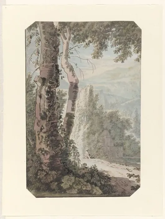 Framed Print : Arcadian landscape with a resting man by the water, c.1725-c.1750. Creator: Jacob van Liender Framed Print : Arcadian landscape with a resting man by the water, c.1725-c.1750. Creator: Jacob van Liender