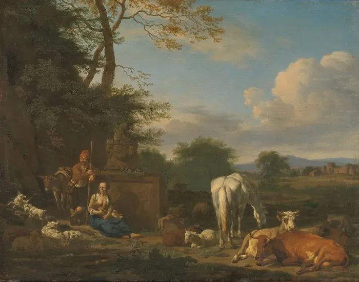 Framed Print : Arcadian Landscape with resting Shepherds and Animals, 1664. Creator: Adriaen van de Velde Framed Print : Arcadian Landscape with resting Shepherds and Animals, 1664. Creator: Adriaen van de Velde