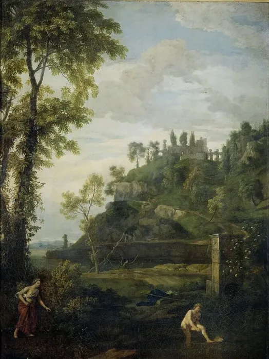 Framed Print : Arcadian Landscape with Salmacis and Hermaphroditus, 1680-1726. Creator: Johannes Glauber Framed Print : Arcadian Landscape with Salmacis and Hermaphroditus, 1680-1726. Creator: Johannes Glauber