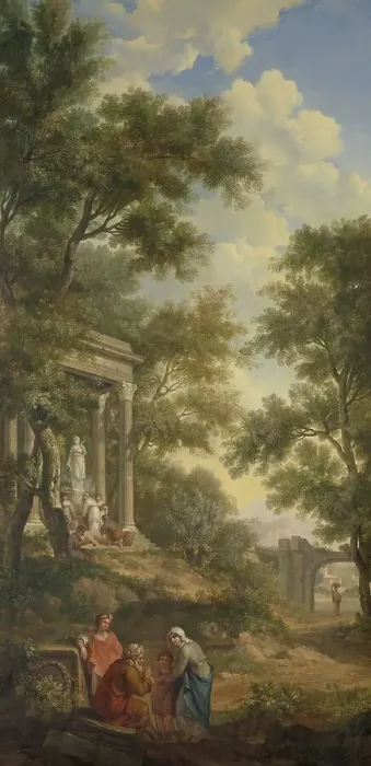 Framed Print : Arcadian landscape with a temple on the left and a seated old man in the foreground, 1771. Creator: Juriaan Andriessen Framed Print : Arcadian landscape with a temple on the left and a seated old man in the foreground, 1771. Creator: Juriaan Andriessen